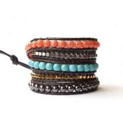 Mix Colored Wrap Bracelet For Woman - Precious Stones Onto Dark Brown Leather