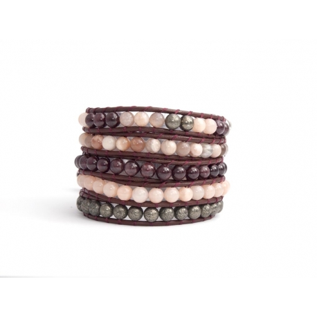 Mix Colored Wrap Bracelet For Woman - Precious Stones Onto Brown Bark Leather