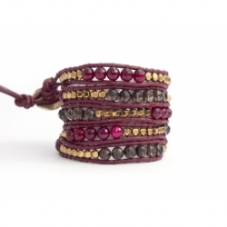 Bracciale donna ematite e agata su cuoio bordeaux