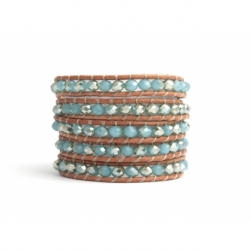 Blue Sky Wrap Bracelet For Woman - Crystals Onto Natural Light Leather