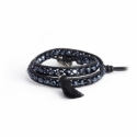 Black Wrap Bracelet For Woman - Crystals Onto Black Leather And Charm