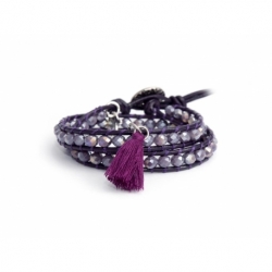 Grey Wrap Bracelet For Woman - Crystals Onto Amethyst Leather And Charm