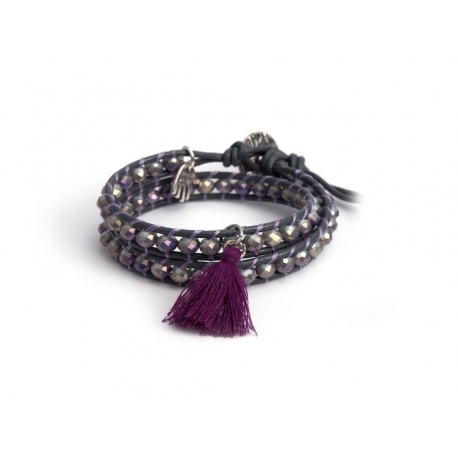 Grey Wrap Bracelet For Woman - Crystals Onto Grey Mouse Leather And Charm