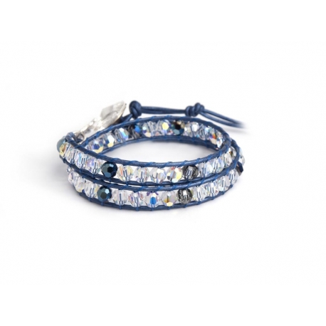 Swarovski Wrap Bracelet For Woman. Aurore Boreale And Blue Crystals Onto Metallic Blue Leather And Swarovski Button