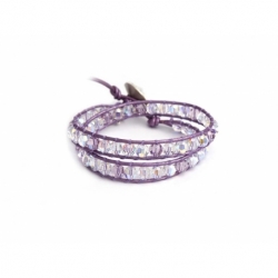 Violette Colors Swarovski Crystals Wrap Bracelet For Woman. Metallic Light Purple Leather And Swarovski Button