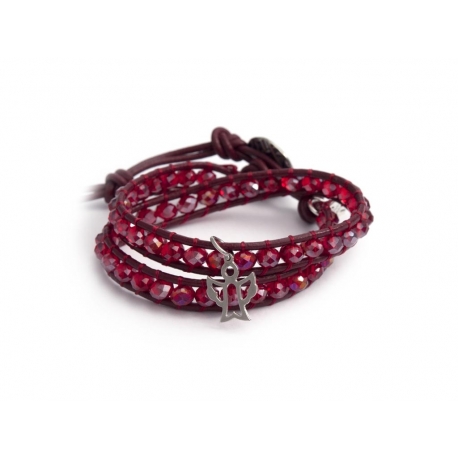 Red Wrap Bracelet For Woman - Crystals Onto Bordeaux Leather And Silver Charm