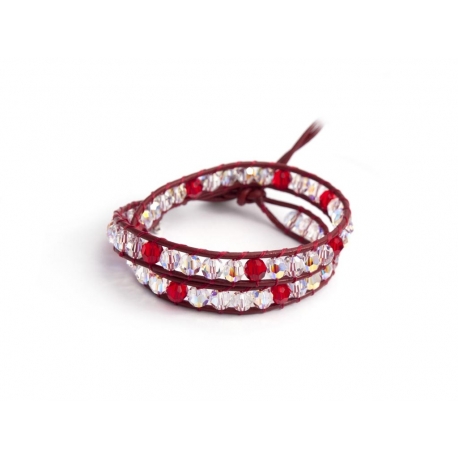 Red Tones Wrap Bracelet For Woman. Swarovski Crystals Onto Fire Red Leather And Swarovski Button