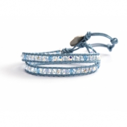 Swarovski Crystals Ab And Aquamarine Crystals Wrap Bracelet For Woman. Blu Sky Leather And Swarovski Button