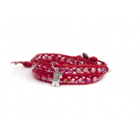 Red Wrap Bracelet For Woman - Crystals Onto Light Red Leather And Silver Charm