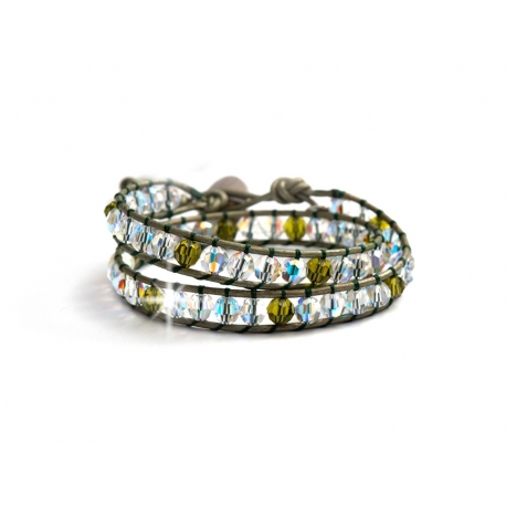 Olivive Swarovski Crystals Wrap Bracelet For Woman. Green Crystals Onto Dark Green Leathr