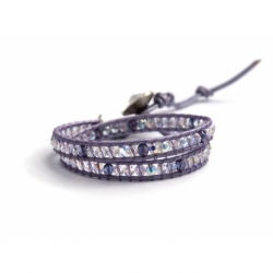 Purple Crystal Wrap Bracelet For Woman. Crystal Ab Swarovski Beaded Bracelet Onto Purple Leather And Swarovski Button