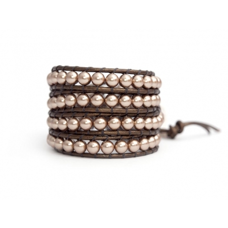 Almond Swarovski Wrap Bracelet For Woman. Sofisticated Color Pearl Onto Bronze Leatherpearls Onto Bronze Leather