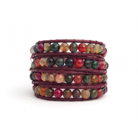 Mix Colored Wrap Bracelet For Woman - Precious Stones Onto Dark Green Leather