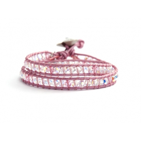 Light Pink Swarovski Crystals Wrap Bracelet For Woman. Metallic Light Pink Leather And Swarovski Button