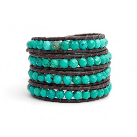 Turquoise Wrap Bracelet For Woman. Cut Turquoise Onto Dark Brown Leather