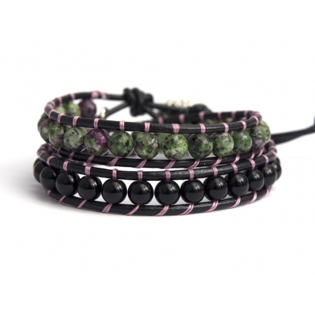 Mix Colored Wrap Bracelet For Woman - Precious Stones Onto Black Leather