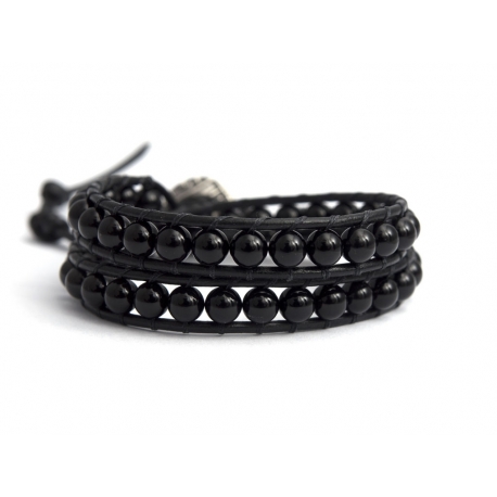 Bracciale donna onice nero su cuoio nero