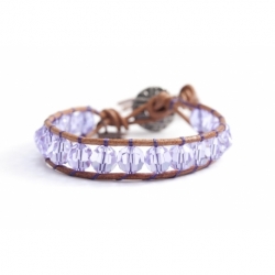 Purple Swarovski Wrap Bracelet For Woman. Swarovski Crystals Onto Natural Dark Leather