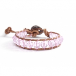 Pink Swarovski Wrap Bracelet For Woman. Swarovski Crystals Onto Natural Dark Leather