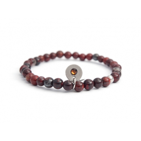 Polychrome Red Jasper Bead Bracelet For Man With Swarovski Strass And Steel Round Tag Charm