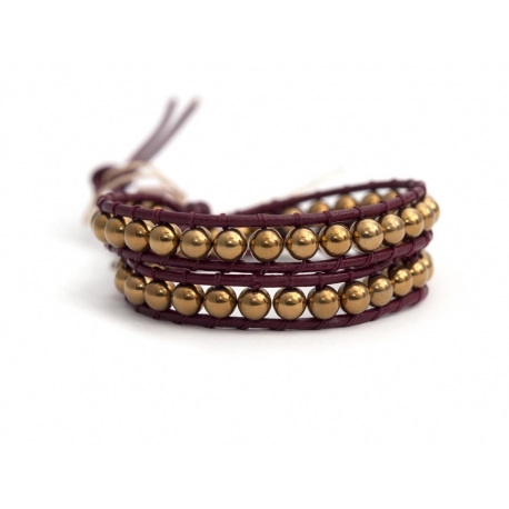 Gold Wrap Bracelet For Woman - Precious Stones Onto Black Leather